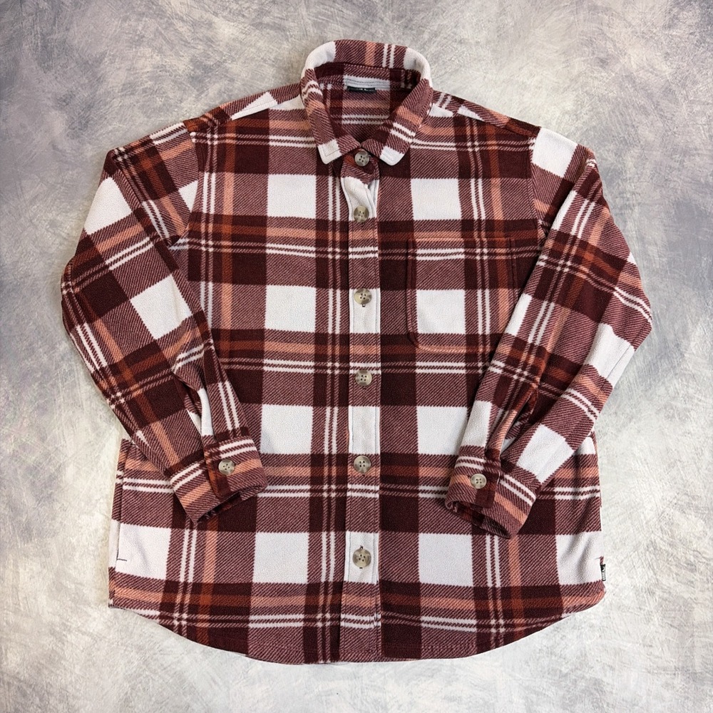 Eddie Bauer Microfleece Button Up Shirt Womens Medium Burgundy Plaid Long Sleeve
